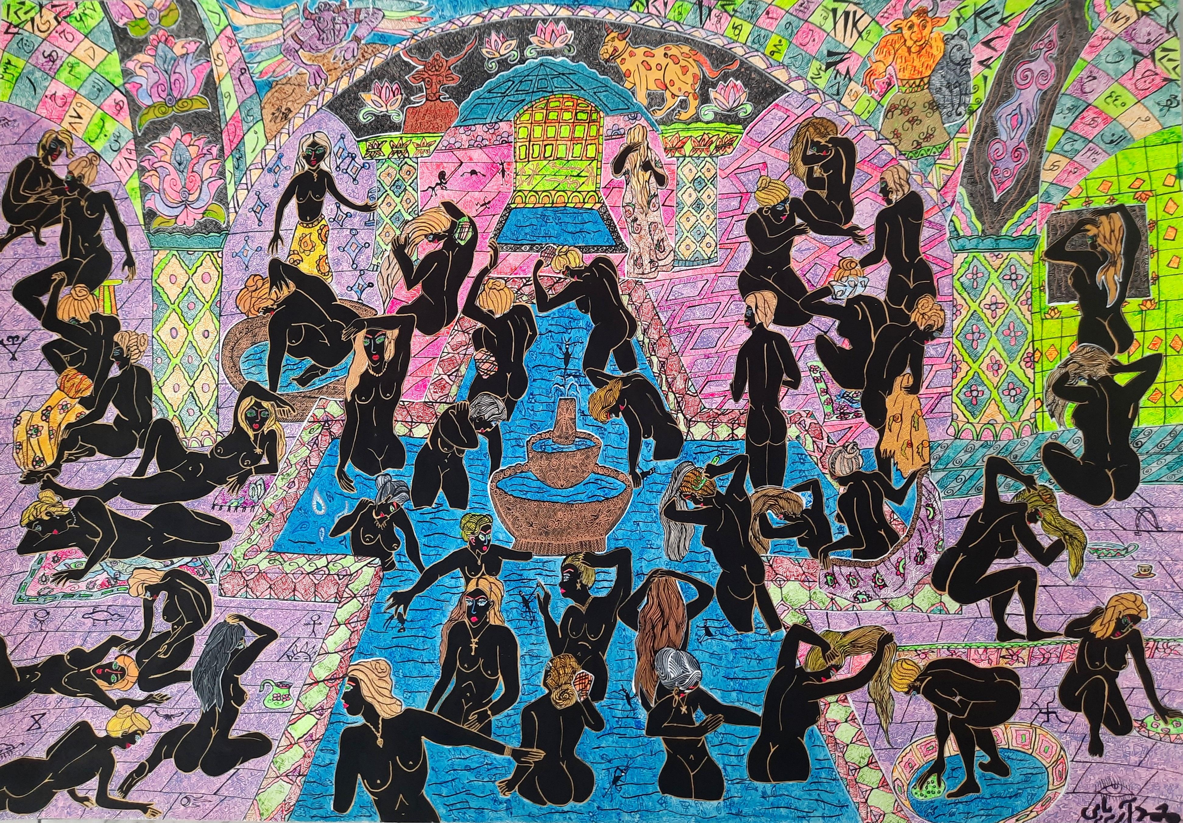 Acrylic painting on paper
Unique work 
Hand-signed by the artist lower right

THE THOUSAND AND ONE NIGHTS OF MOHAMMAD ARIYAEI

" Gentleness and oriental wisdom follow the supercharged bubbling to which we were accustomed from the previous