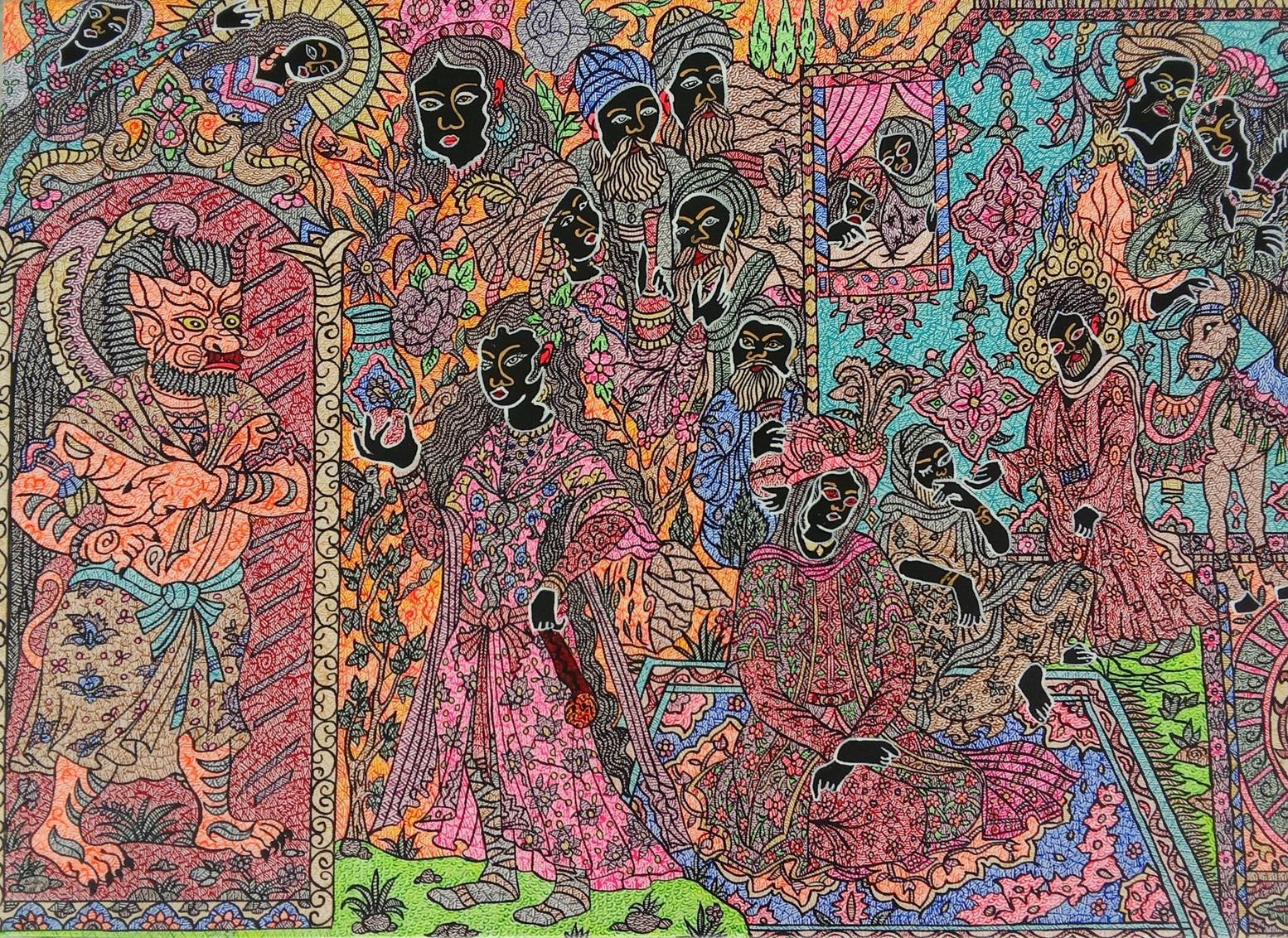 Acrylic paint on canvas
Unique work
Hand-signed by the artist lower right

THE THOUSAND AND ONE NIGHTS OF MOHAMMAD ARIYAEI

" Gentleness and oriental wisdom follow the supercharged bubbling to which we were accustomed from the previous deliberately