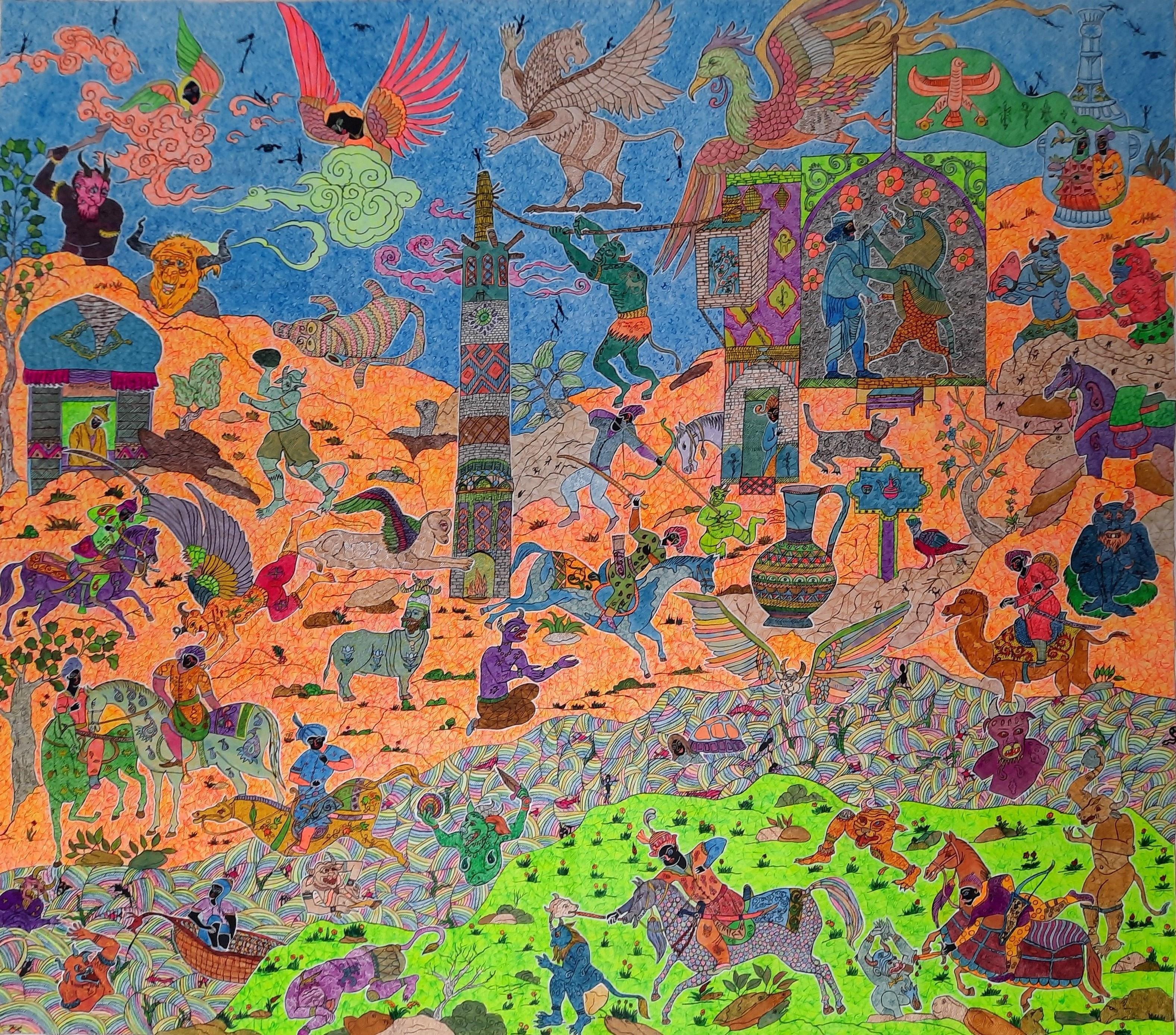 Acrylic painting on canvas
Unique work
Coming from the artist's studio

This painting refers to Iran 1000 years ago.
It is the story of Shahnameh.
The painting illustrates the stories of Rostam and Sohrab, and the stories of Iranian athletes during