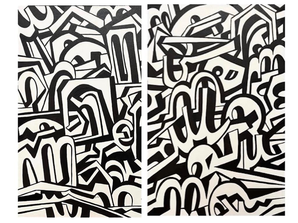 In this work by Mohammadali Alikhani, he plays with words on a highly stylized and abstract design using bold, black calligraphy on a white background. The shapes appear to be a combination of geometric and organic forms, interlocking and