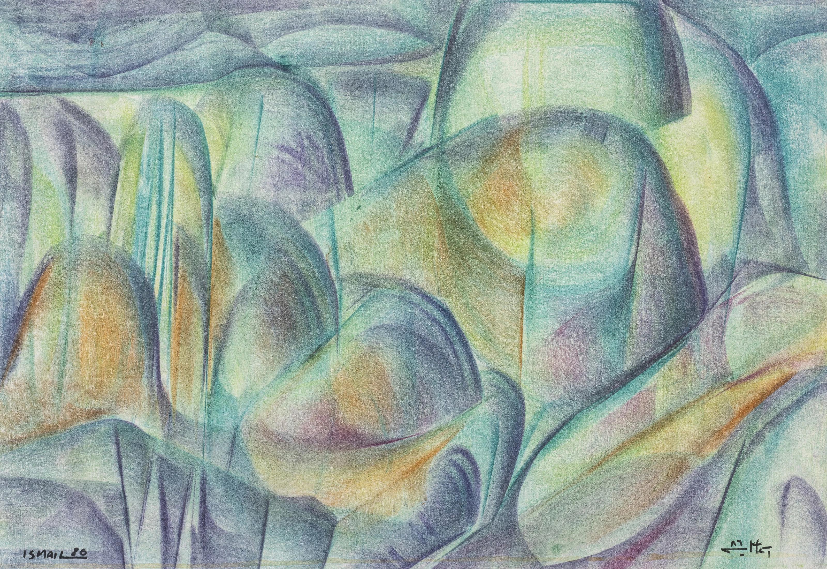 "Abstract Composition" Painting Pastel 8" x 24" inch by Mohammed Ismail 
