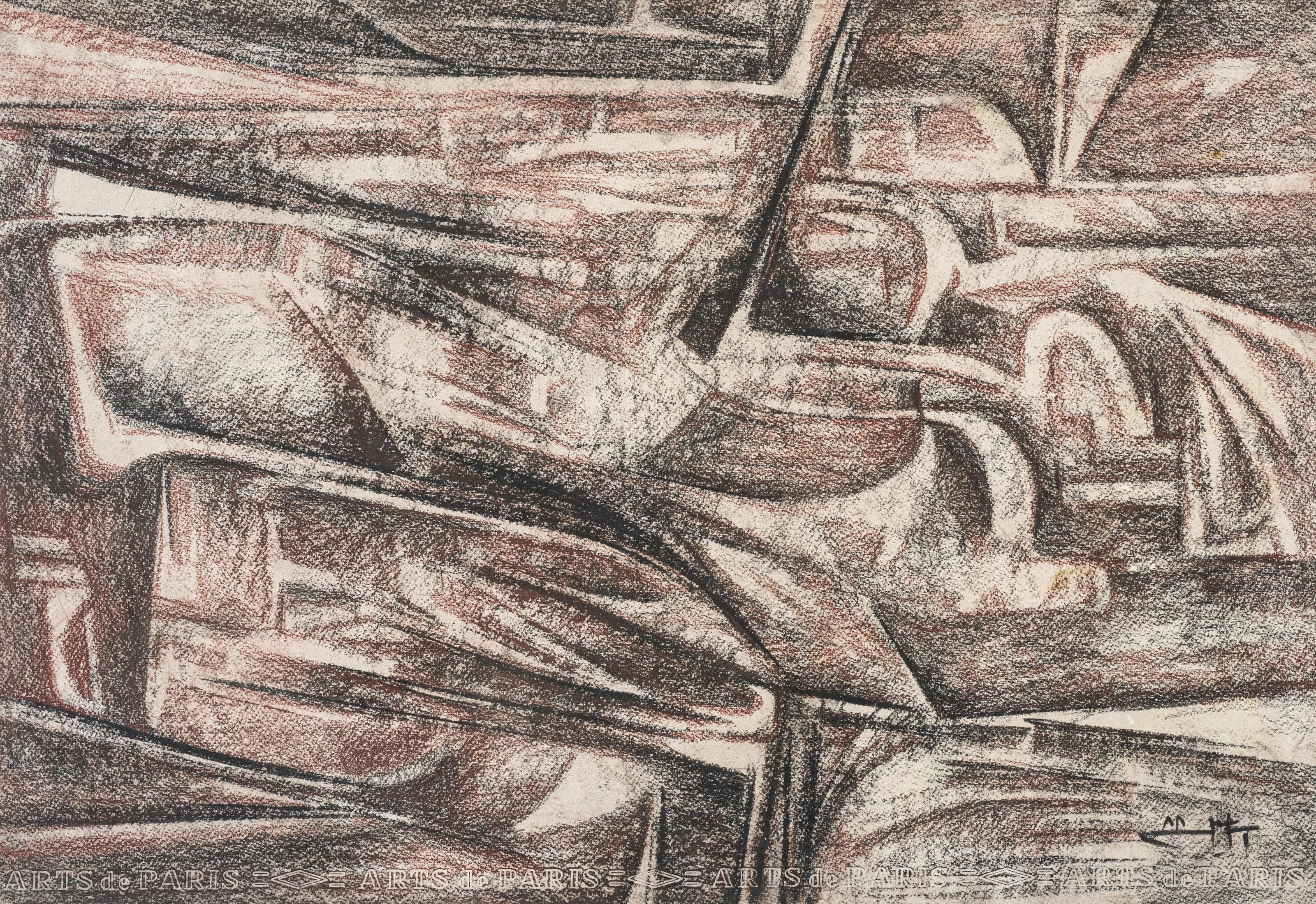 Mohammed Ismail  Abstract Drawing – „Abstrakte Komposition“ Gemälde Pastell auf Papier 14" x 18" in von Mohammed Ismail
