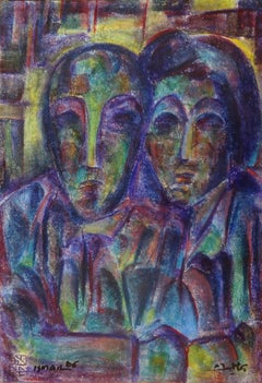"Couple III" Oil on Wood Painting 19" x 13" inch by Mohammed Ismail 