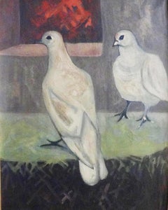"Pigeons" Oil on Wood Painting 28" x 20" inch by Mohammed Ismail 