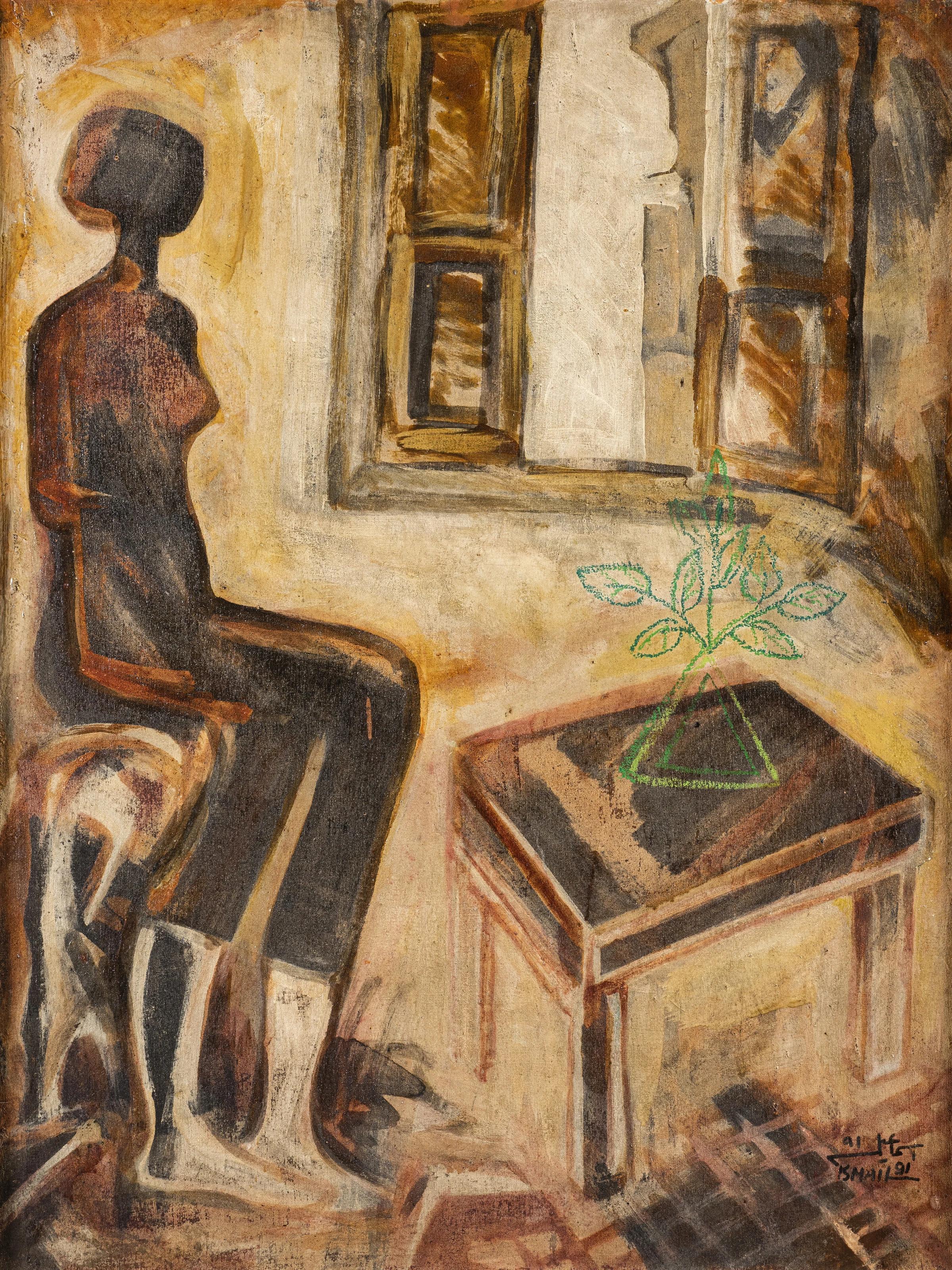 "Seated Woman with Plant" Oil Painting 31" x 24" inch by Mohammed Ismail 