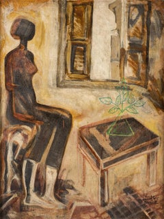 „Sitzende Frau mit Pflanze“, Ölgemälde 31" x 24" Zoll von Mohammed Ismail 