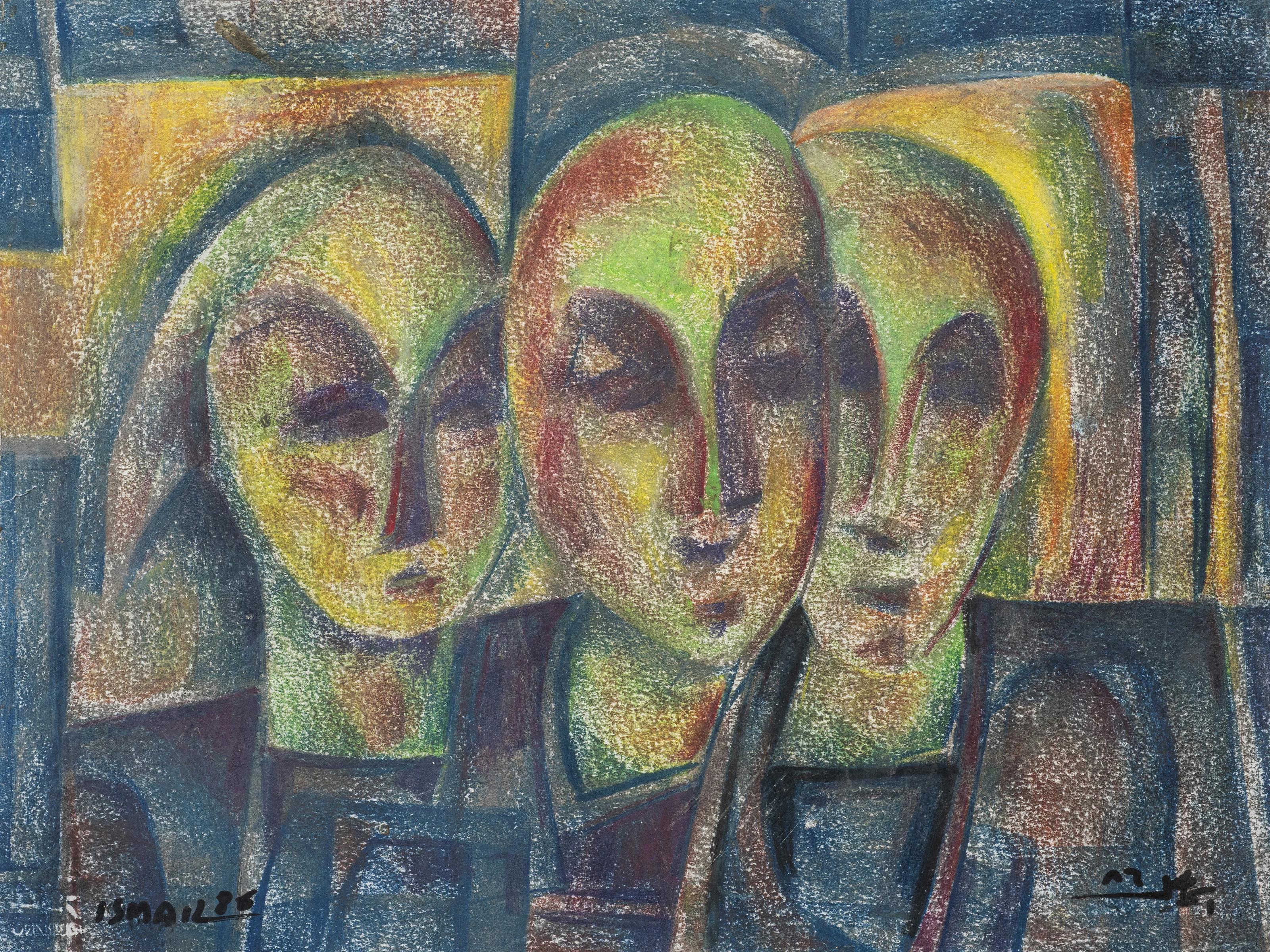 "Three Faces" Painting Pastel on Paper 12" x 18" inch by Mohammed Ismail 