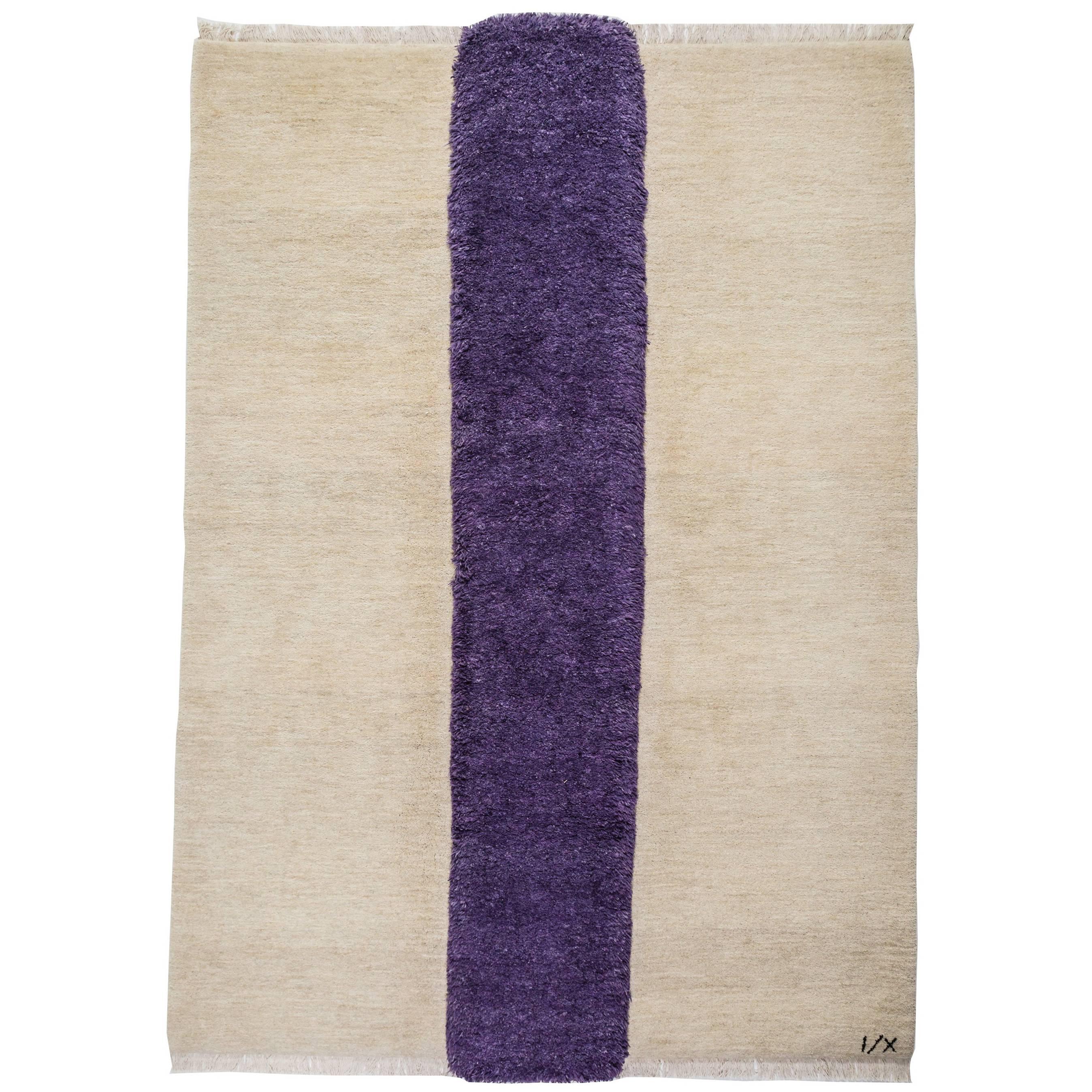 Rug - Modern Handknotted Cream Beige Afghan Wool w/ Purple Violet Rustic Carpet For Sale