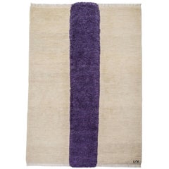 Rug - Modern Handknotted Cream Beige Afghan Wool w/ Purple Violet Rustic Carpet