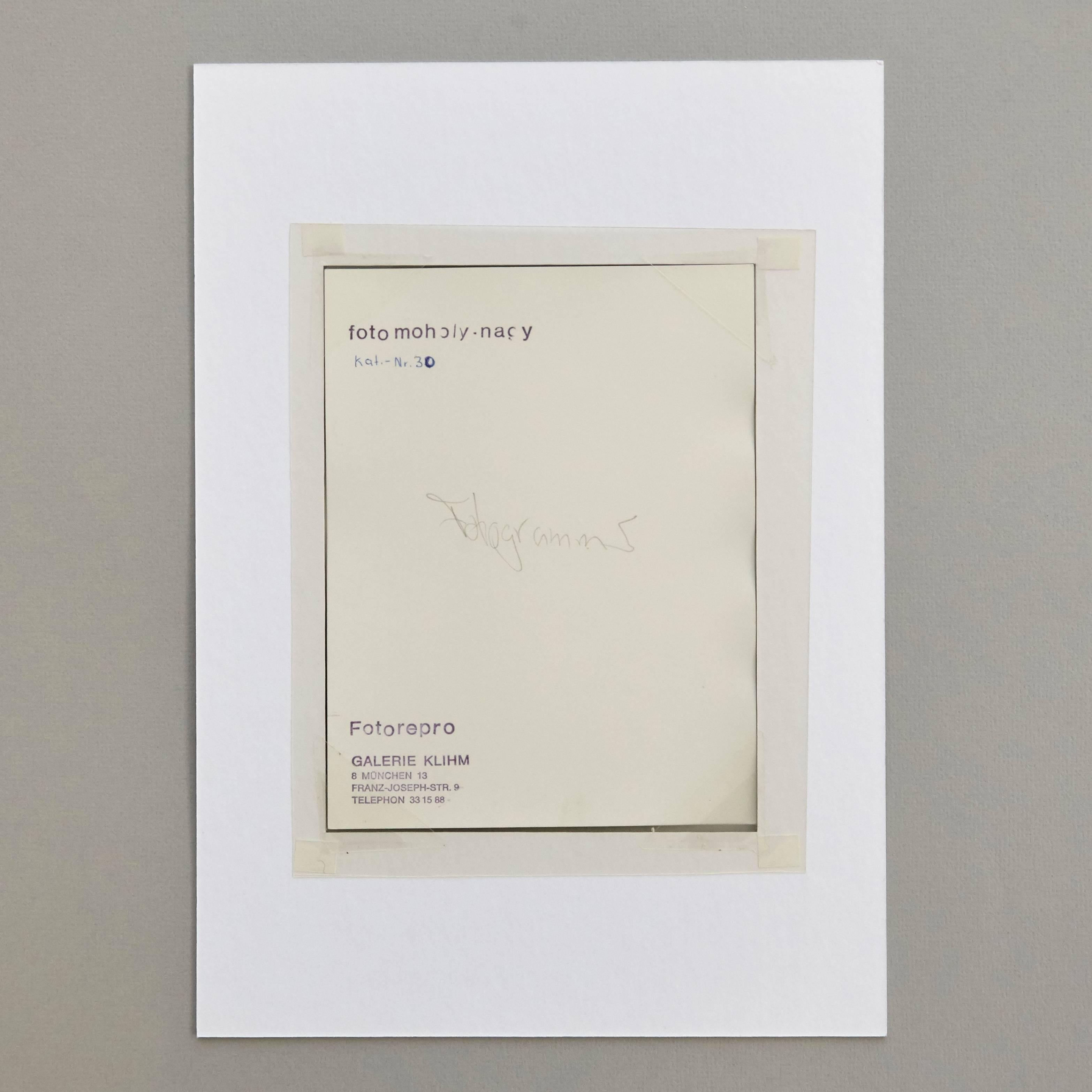 Photography by László Moholy-Nagy.

A posthumous print from the original negative, circa 1973
Stamped by Foto Moholy-Nagy and Galerie Khlim.

In original good condition.

László Moholy-Nagy (1895-1946) was a Hungarian painter and photographer