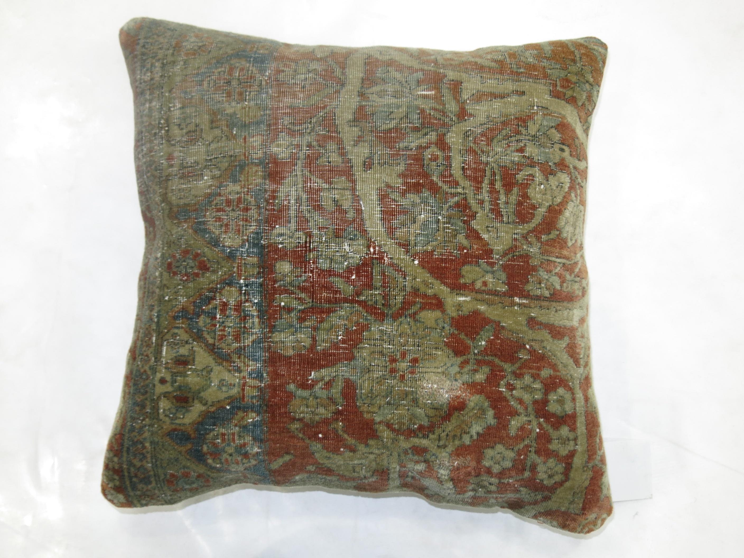 Exquisite pillow made from the 19th century antique Mohtasham Kashan rug. Poly Fill insert and zipper closure 

Measures: 17'' x 18''.