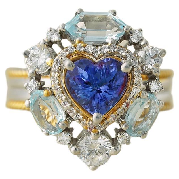 For Sale:  Moi Amalfi Gold Diamond Tanzanite and Blue Topaz Cocktail Ring