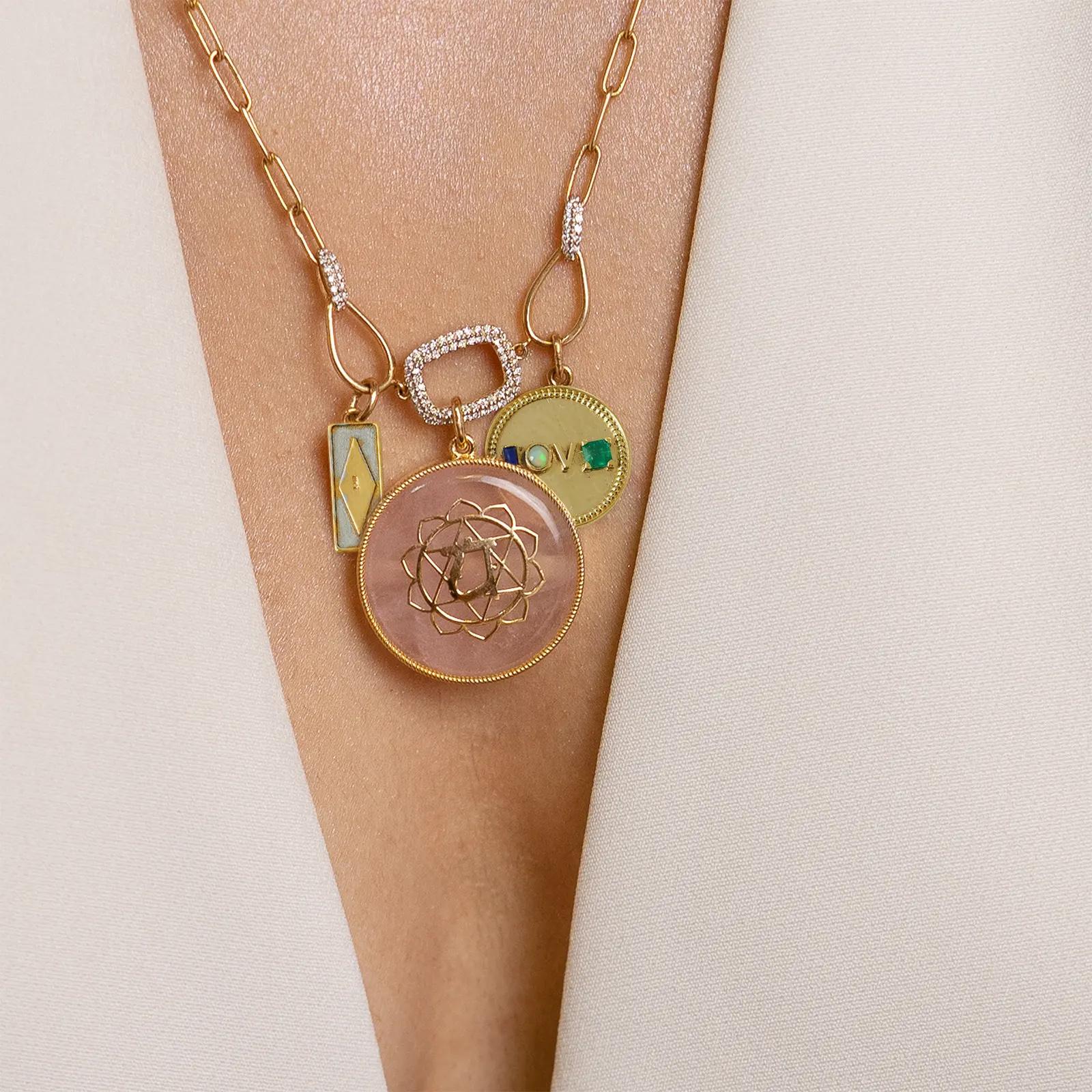 Gold(14K) : 14.15g
Diamonds : (VS clarity & H-I colour) : (Brilliant cut ) : 0.35ct
Gemstones : Rose Quartz, Emerald, Opal, Lapiz Lazuli

Anah Rose Pendant Necklace is a celebration of all things Love—love for yourself, for your dear ones, and for