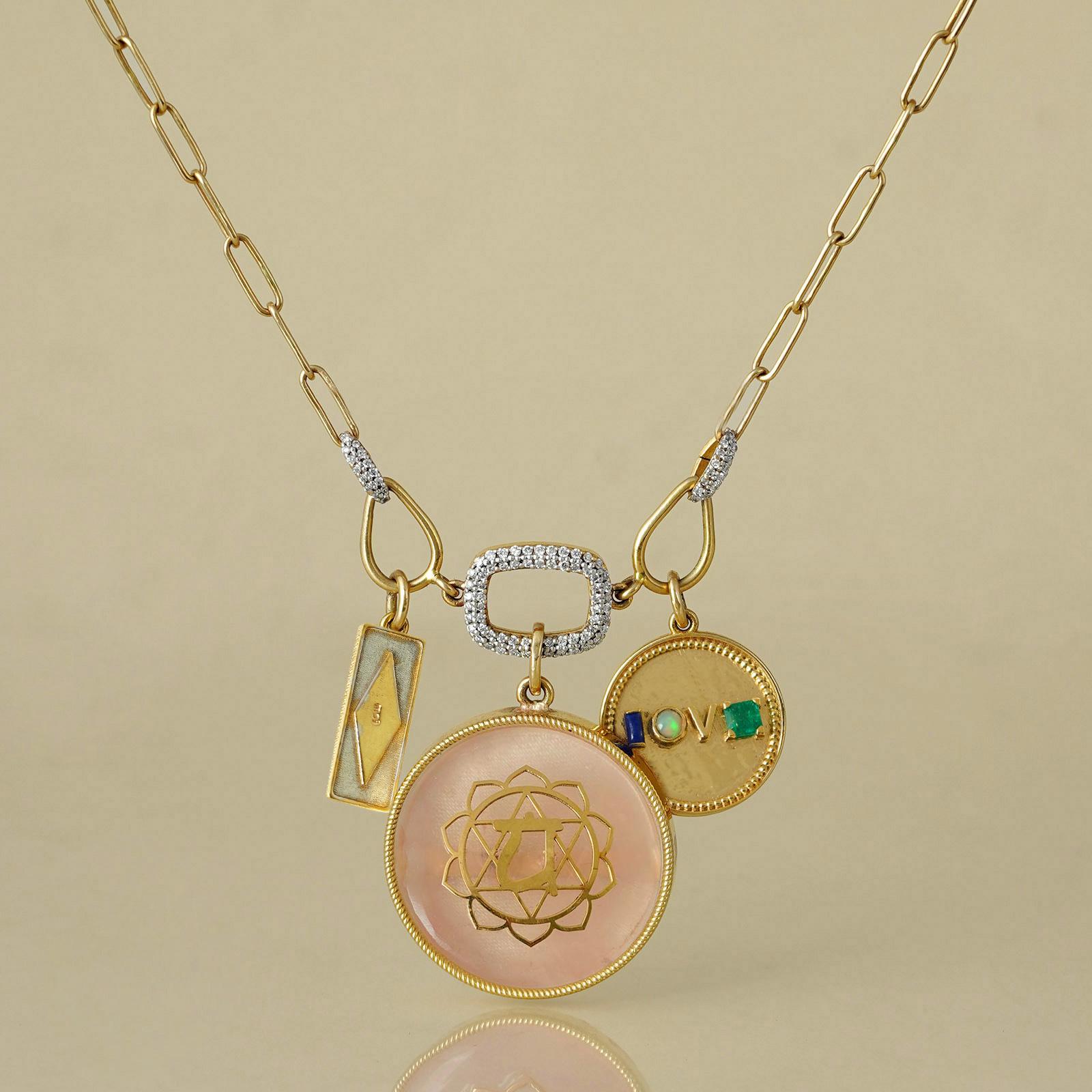 Brilliant Cut Moi Anah Rose Quartz Gold and Diamond Necklace For Sale