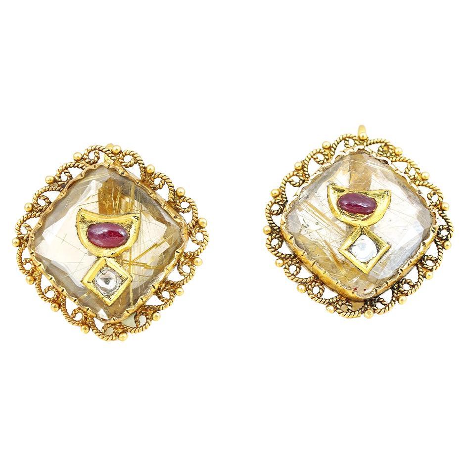Moi Anant Gold Ruby and Uncut Diamond Ear Tops For Sale