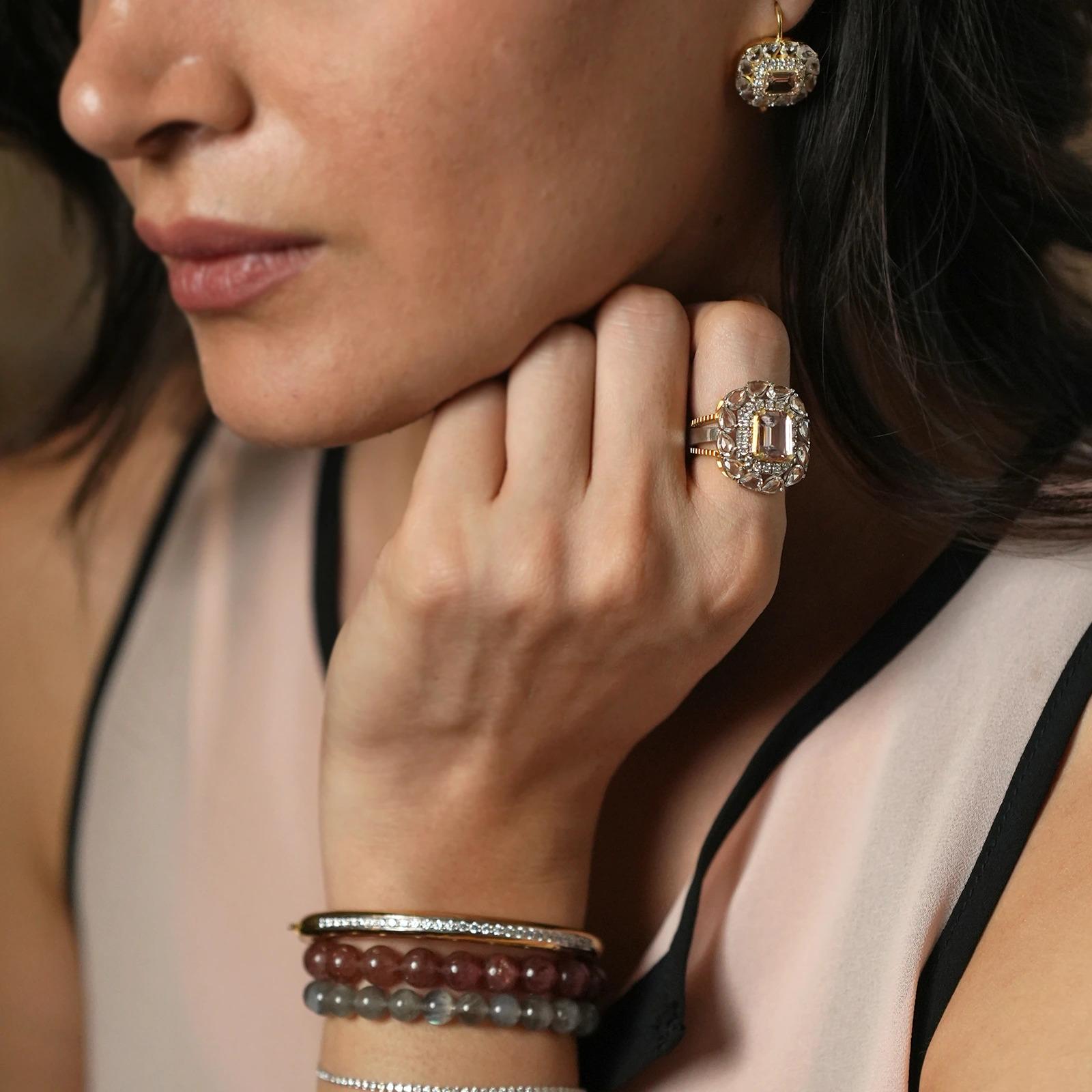 For Sale:  Moi Ariana Gold Diamond Morganite and White Sapphire Cocktail Ring 2