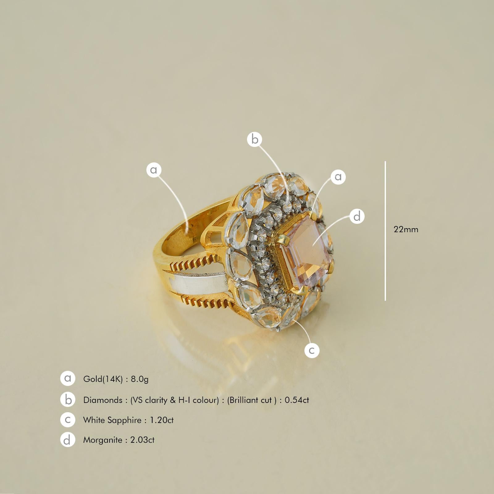 For Sale:  Moi Ariana Gold Diamond Morganite and White Sapphire Cocktail Ring 4