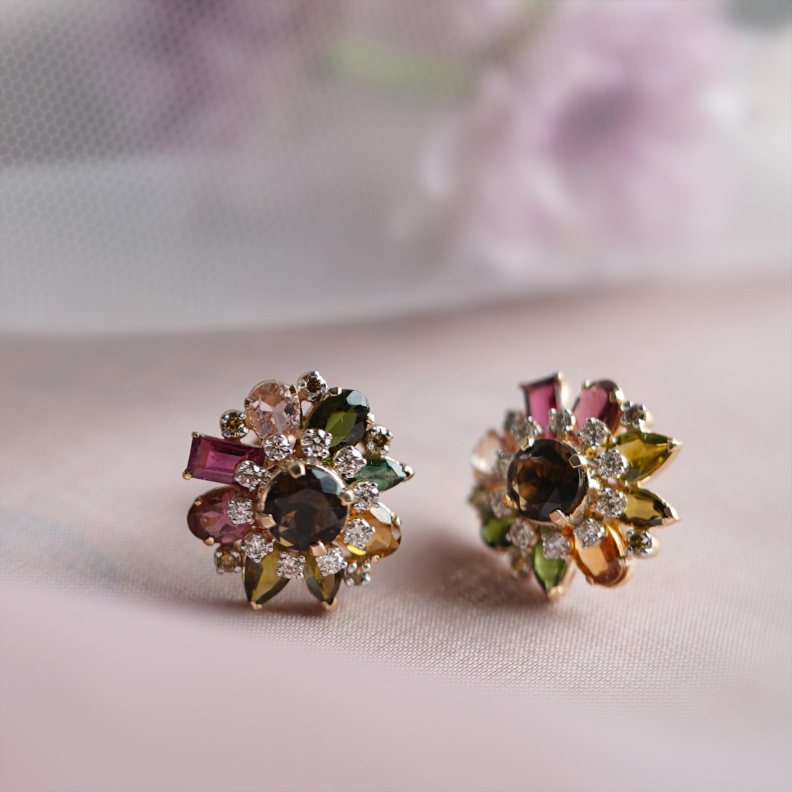 Brilliant Cut Moi Autumn Gold Diamond and Colorful Gemstone Stud Earrings  For Sale