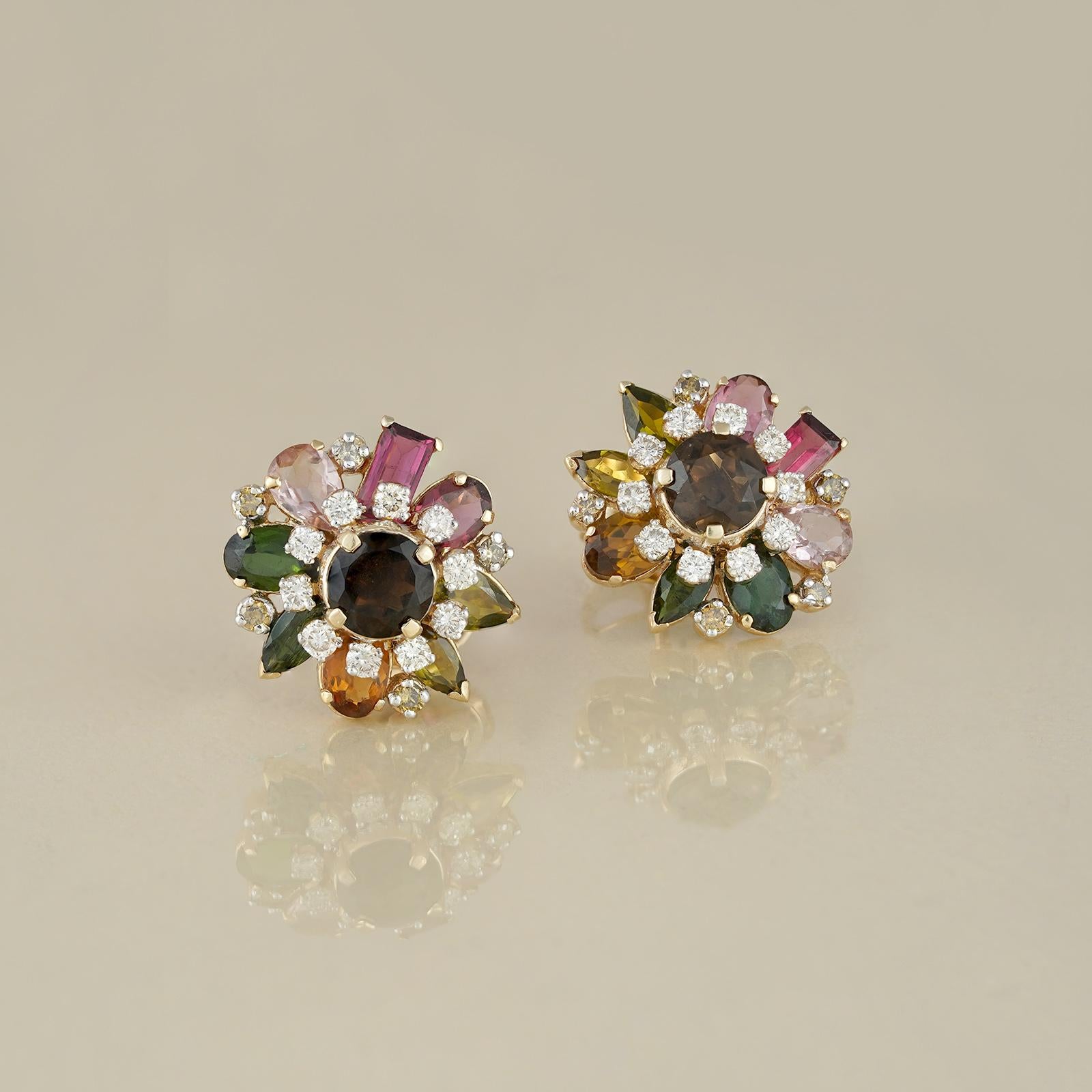 Moi Autumn Gold Diamond and Colorful Gemstone Stud Earrings  In New Condition For Sale In Lawrenceville, GA