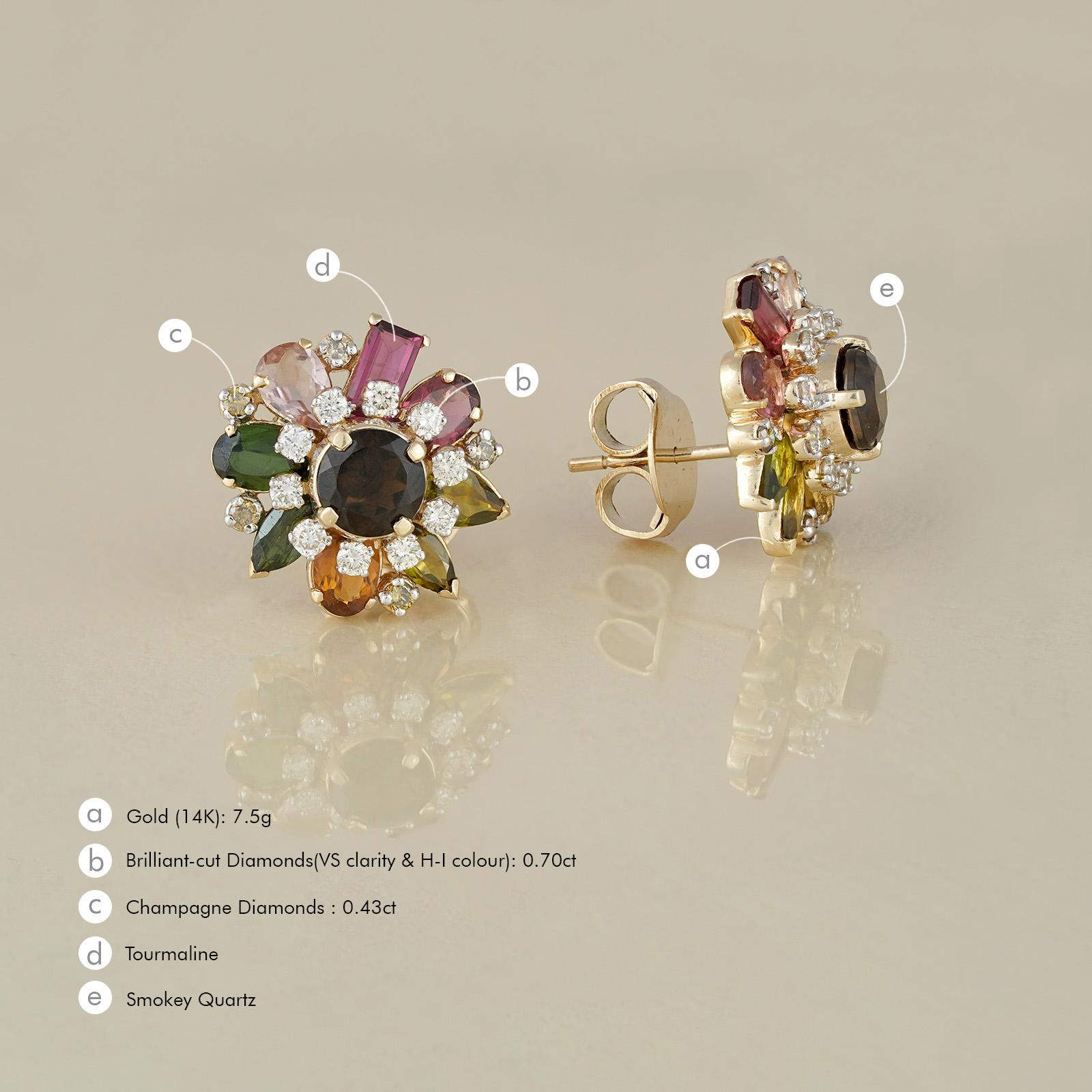 Women's Moi Autumn Gold Diamond and Colorful Gemstone Stud Earrings  For Sale