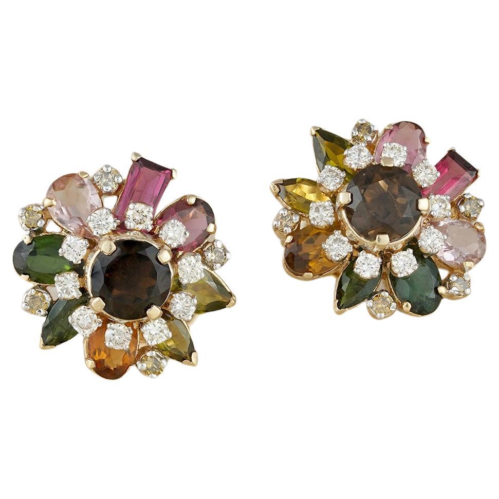 Moi Autumn Gold Diamond and Colorful Gemstone Stud Earrings 