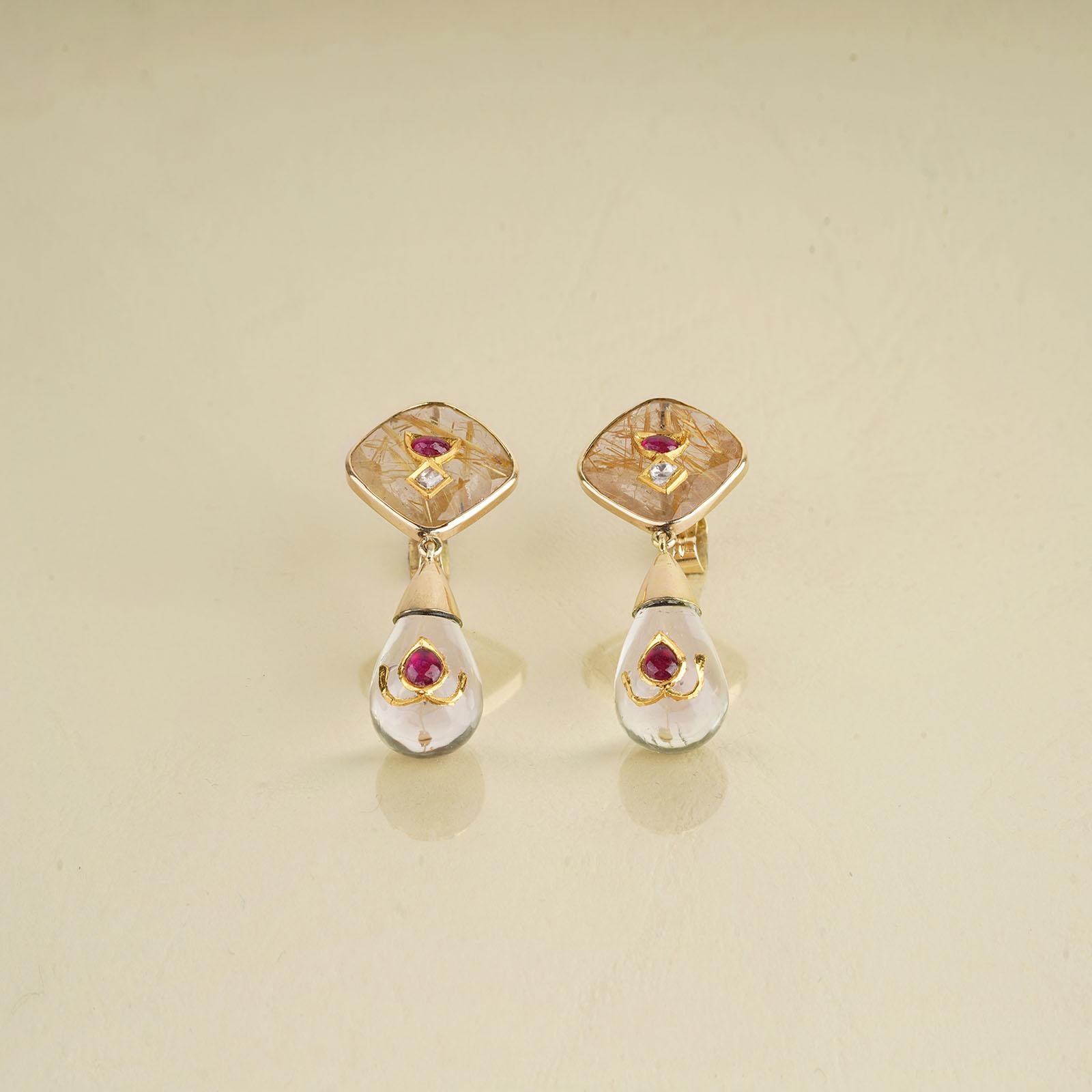 Moi Dew Drop Crystal Ruby and Diamond Earrings In New Condition For Sale In Lawrenceville, GA