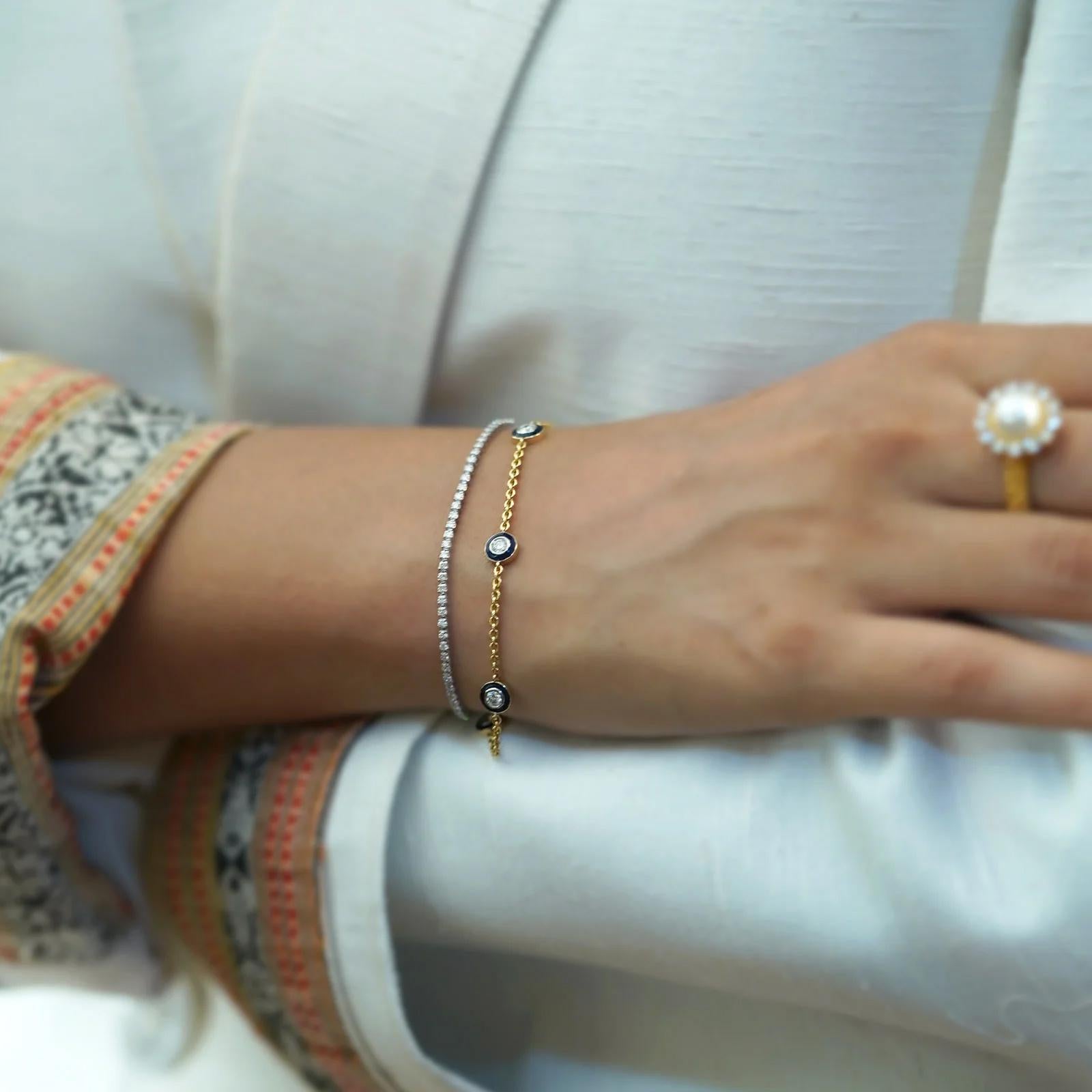 Moi Diana Blaues Emaille-Armband aus Gold und Diamanten (Antiker Kissenschliff) im Angebot
