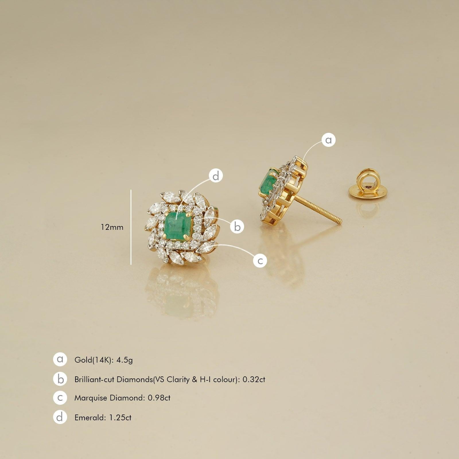 Moi Eden Emerald Gold and Diamond Ear Studs In New Condition For Sale In Lawrenceville, GA
