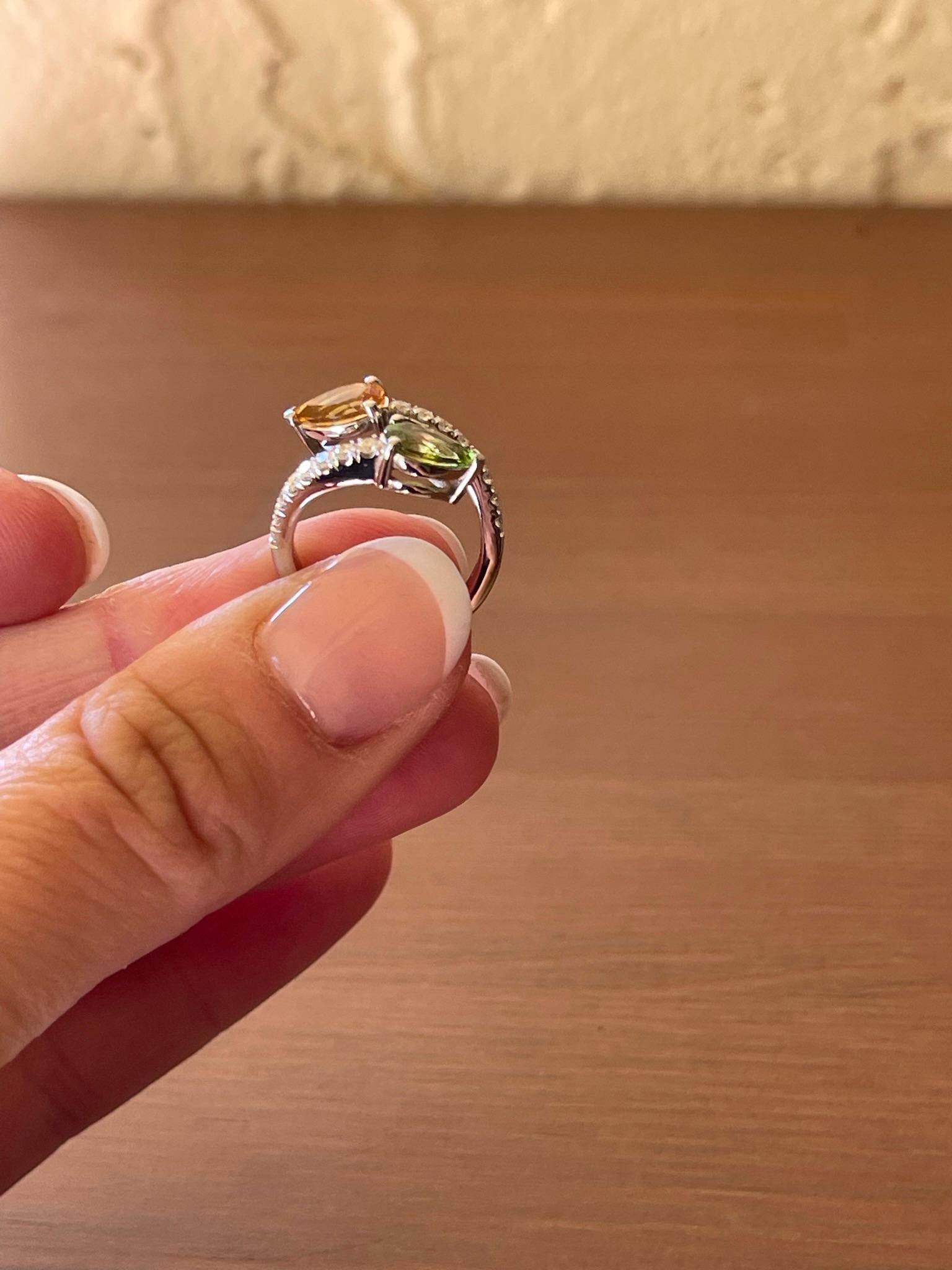 Pear Cut Moi Et Toi gemstone diamond ring 18 Karat Gold Peridot Citrine ring For Sale