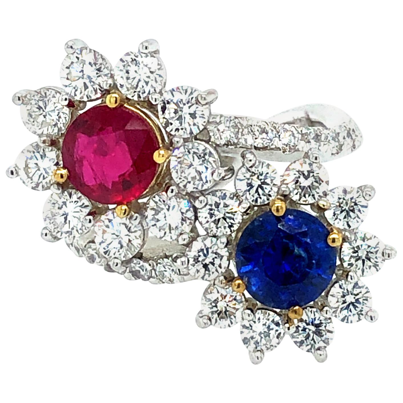 Moi et Toi Sapphire and Ruby Diamonds Ring 18 Karat Gold