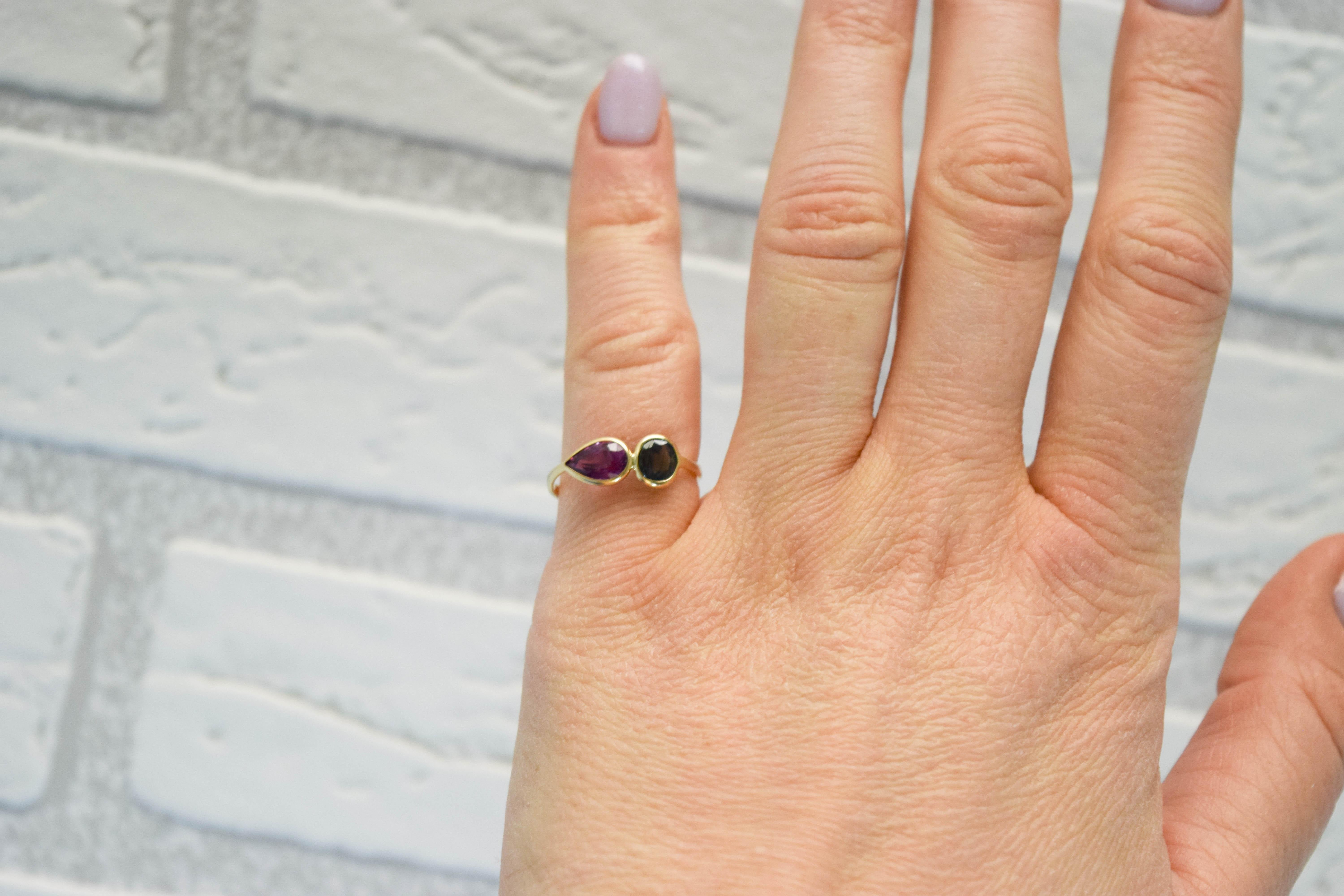 Women's or Men's Moi Et Toi Sapphire ring 14KT gold open concept rare designer ring