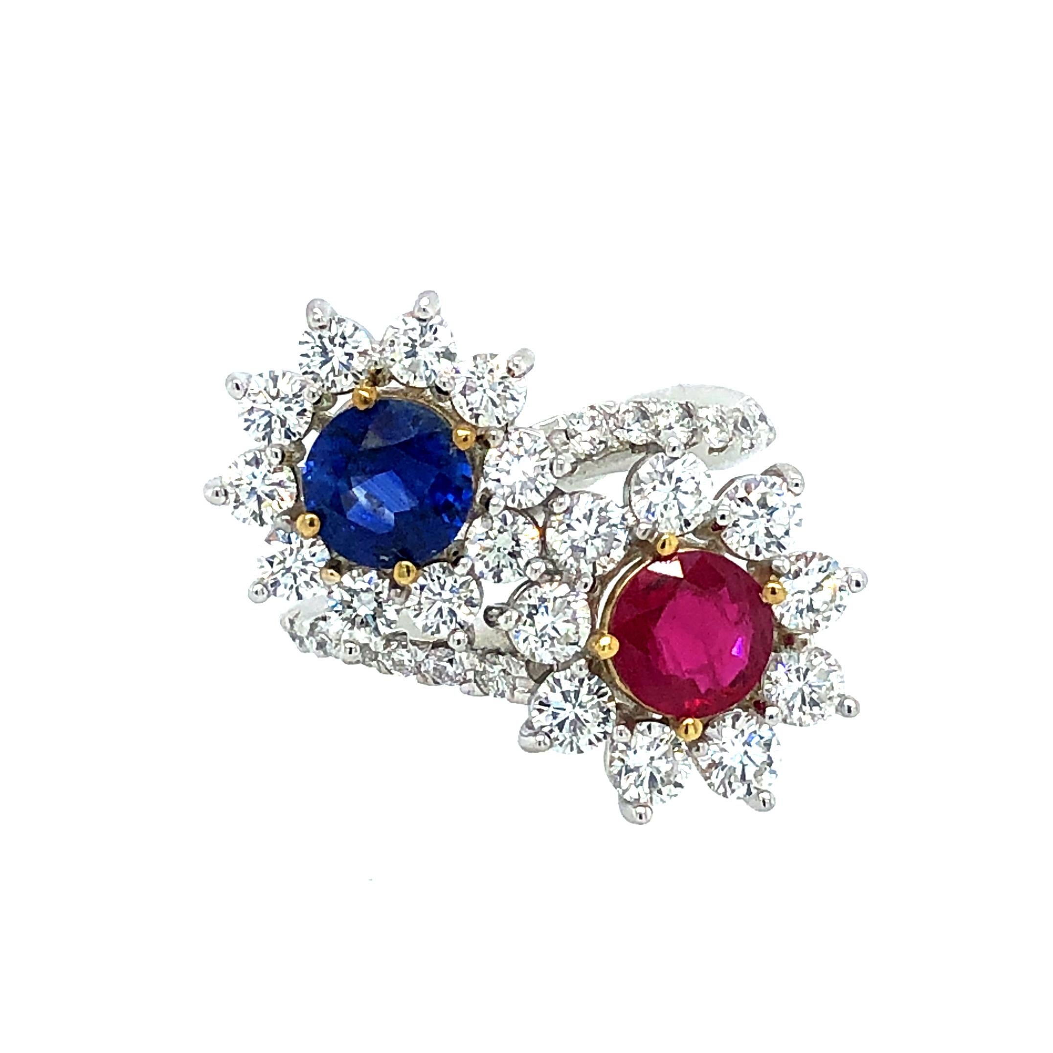 Offered here is a unique Moi et Toi diamond ring. The ring is 18kt white gold with two ( 2 ) 18kt yellow gold settings for the two gems ruby and sapphire. The ring is marked 18k and weighs 7.90 grams, ring size is 6.5 that can be sized. The ring