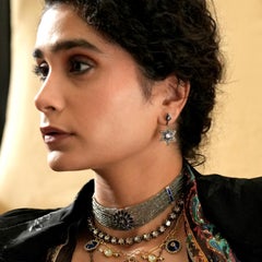 Moi Ezara Gold Silver Diamond and Sapphire Earrings