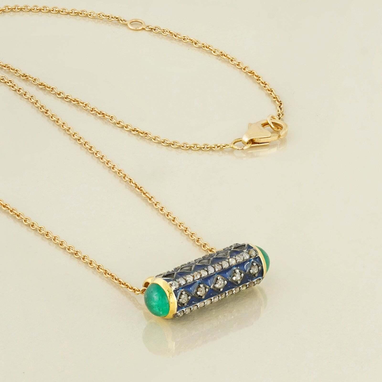 Rose Cut Moi Fira Gold Diamond Emerald and Blue Enamel Pendant Necklace For Sale