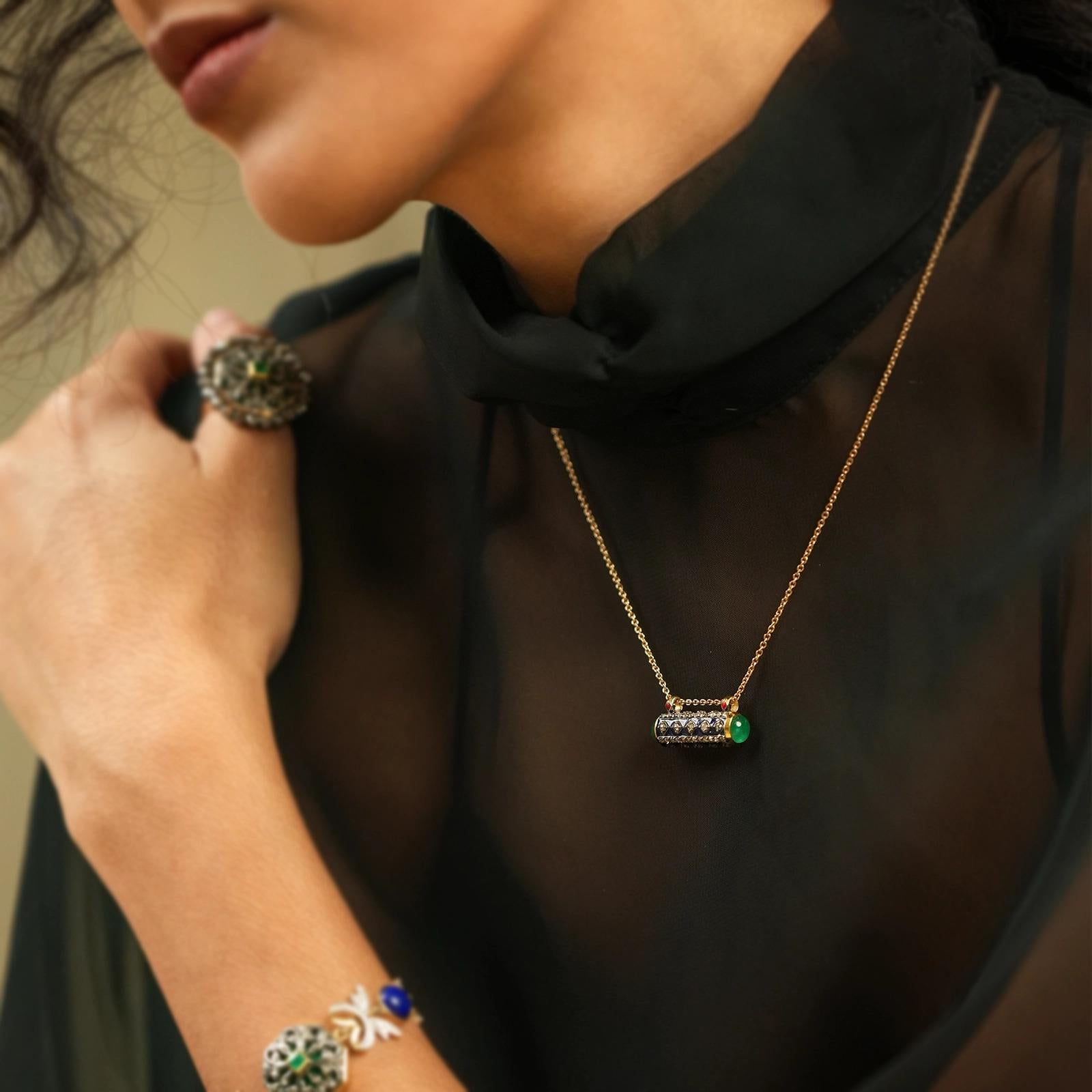 Moi Fira Gold Diamond Emerald and Blue Enamel Pendant Necklace In New Condition For Sale In Lawrenceville, GA