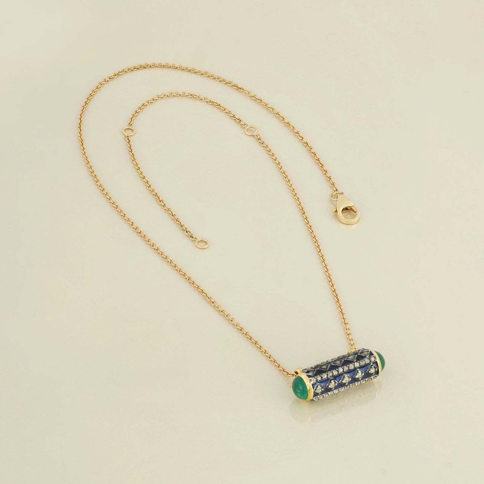 Women's Moi Fira Gold Diamond Emerald and Blue Enamel Pendant Necklace For Sale