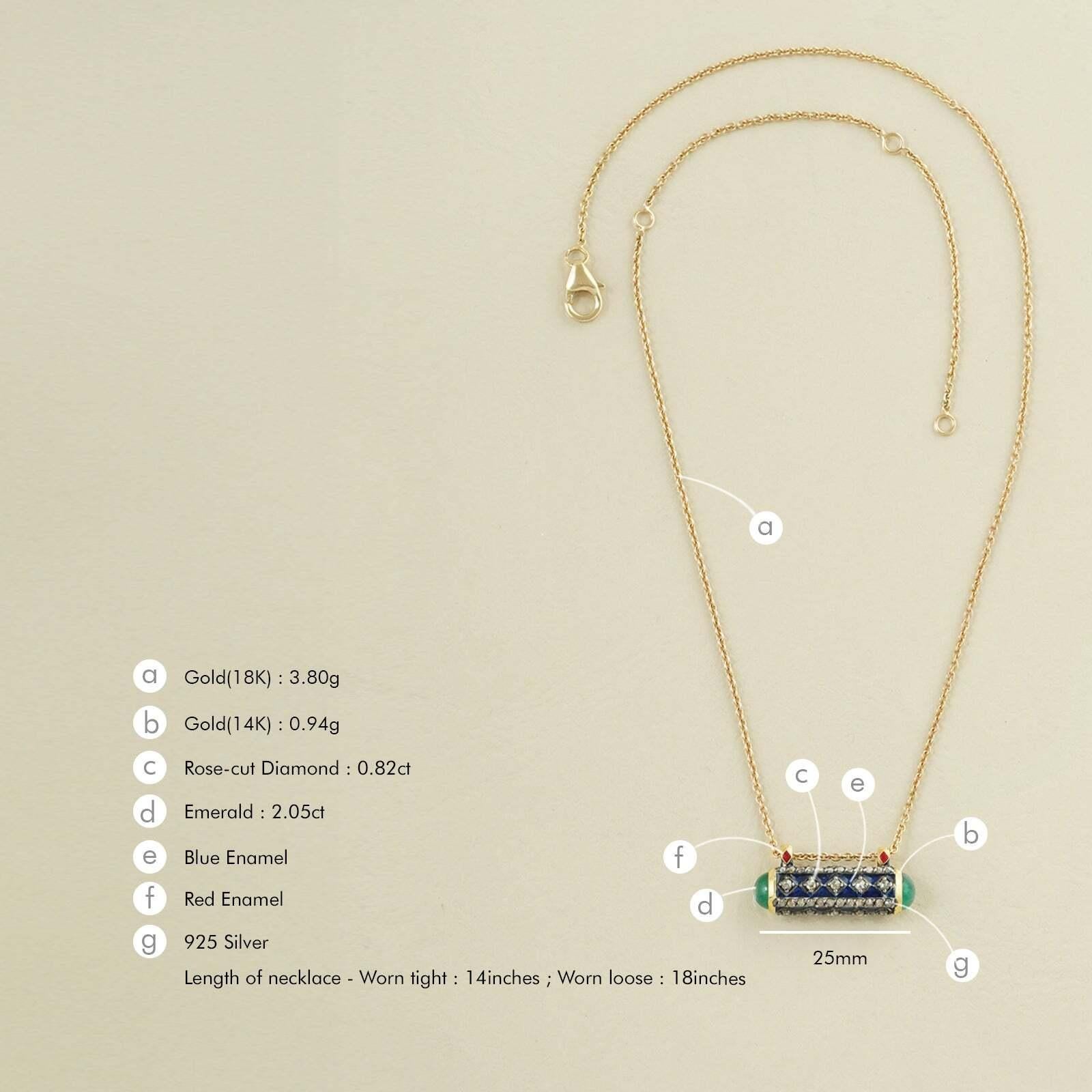 Moi Fira Gold Diamond Emerald and Blue Enamel Pendant Necklace For Sale 1