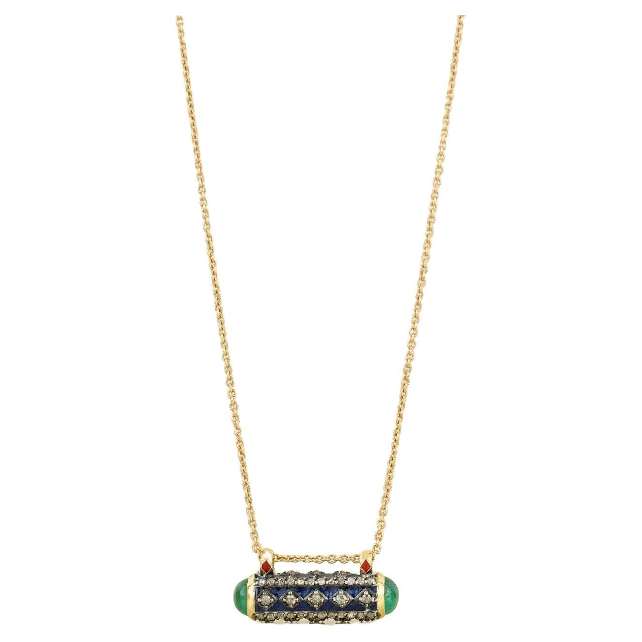 Moi Fira Gold Diamond Emerald and Blue Enamel Pendant Necklace