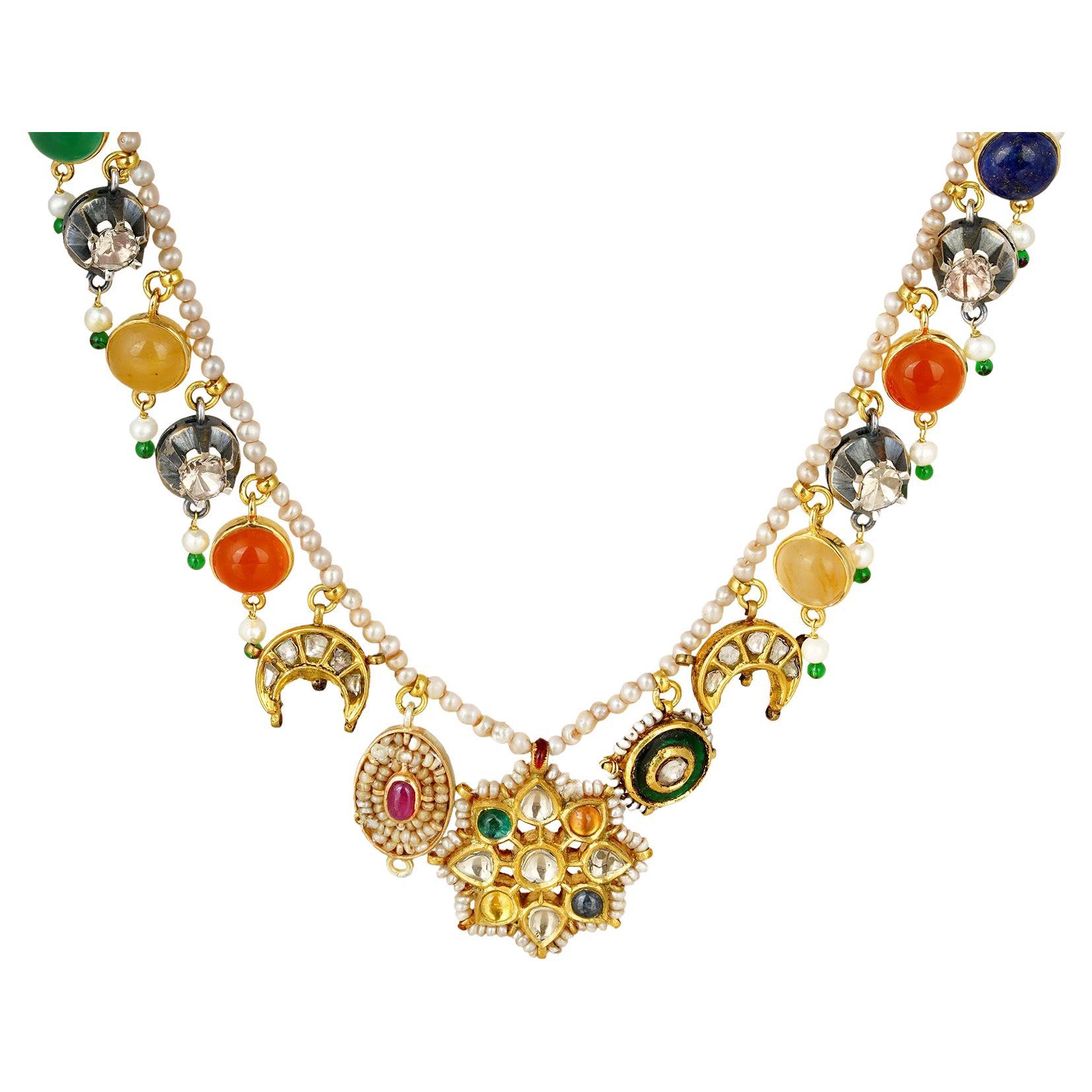 Moi Firdos Multi Gemstone Uncut Diamond Necklace For Sale