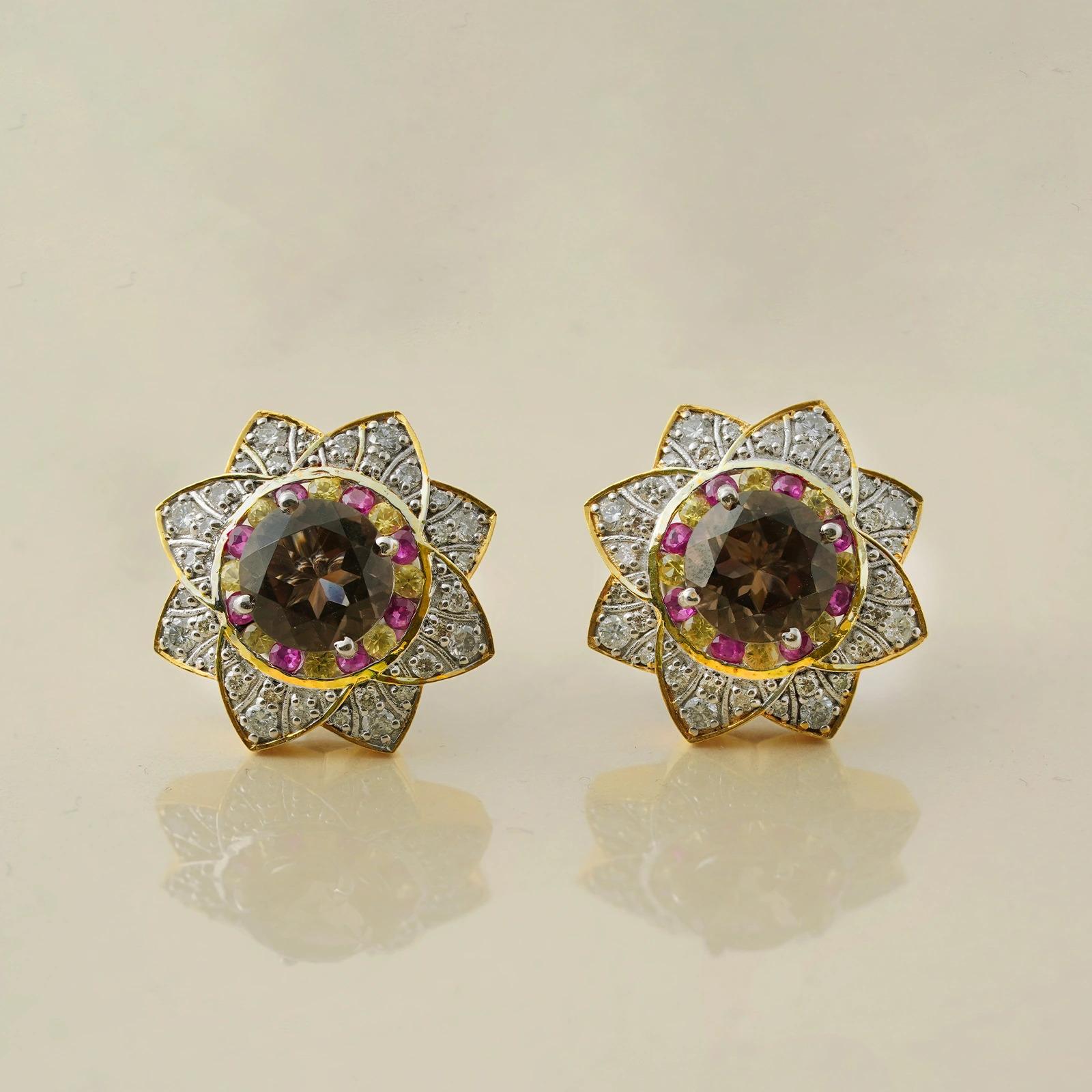 Brilliant Cut Moi Florence Gold Ruby Yellow Sapphire Smoky Quartz and Diamond Ear Studs For Sale