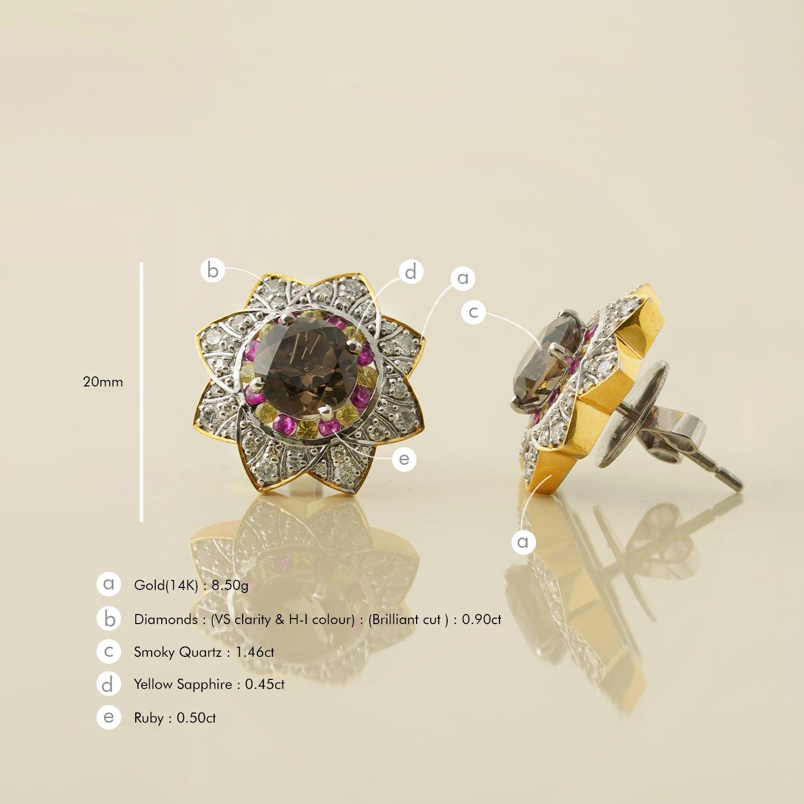 Moi Florence Gold Ruby Yellow Sapphire Smoky Quartz and Diamond Ear Studs In New Condition For Sale In Lawrenceville, GA