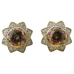 Moi Florence Gold Ruby Yellow Sapphire Smoky Quartz and Diamond Ear Studs