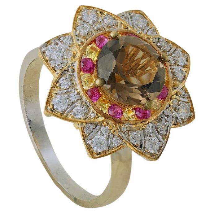 For Sale:  Moi Florence Gold Ruby Yellow Sapphire Smoky Quartz and Diamond Ring