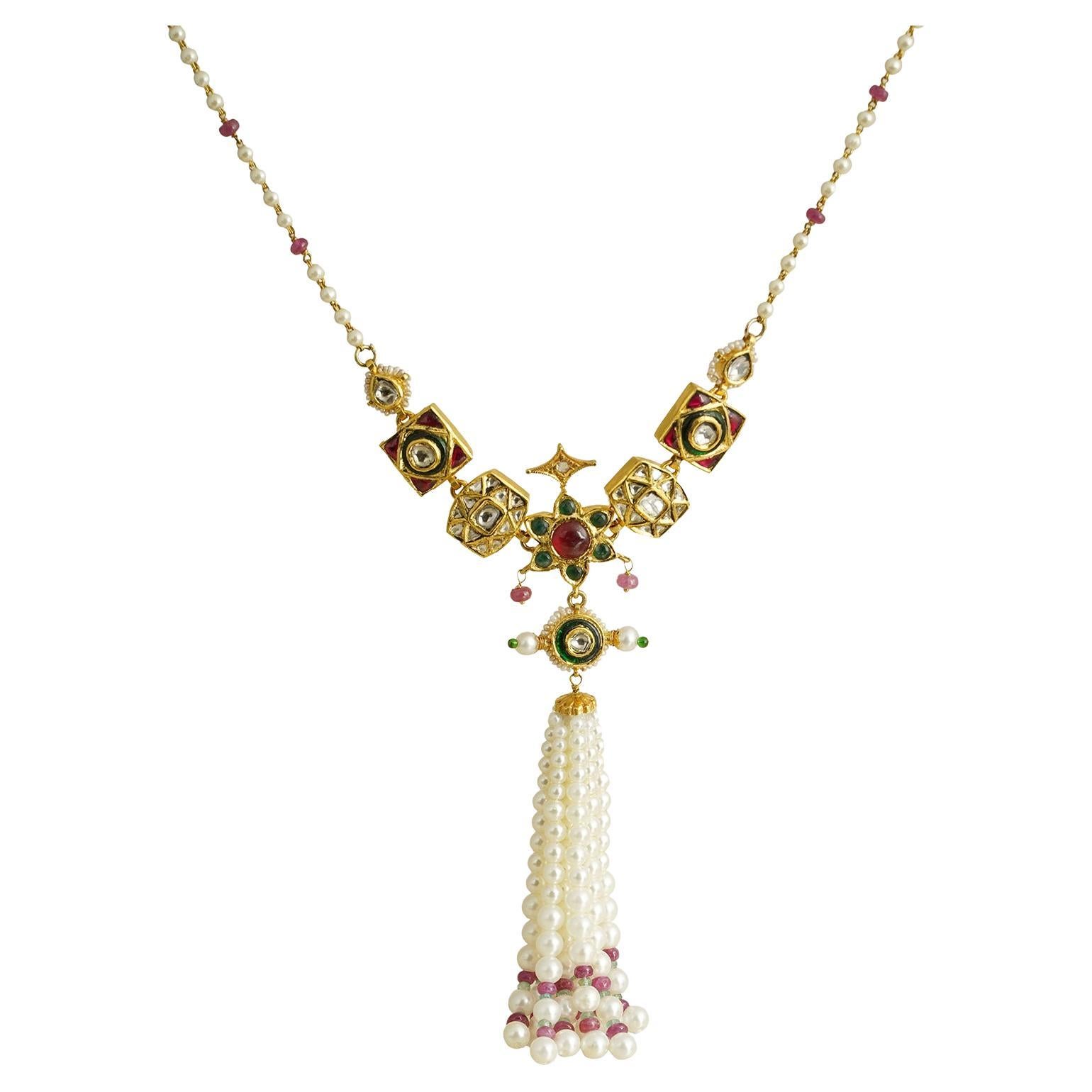 Moi Gold Sanchi Emerald and Pearl Tassel Necklace For Sale