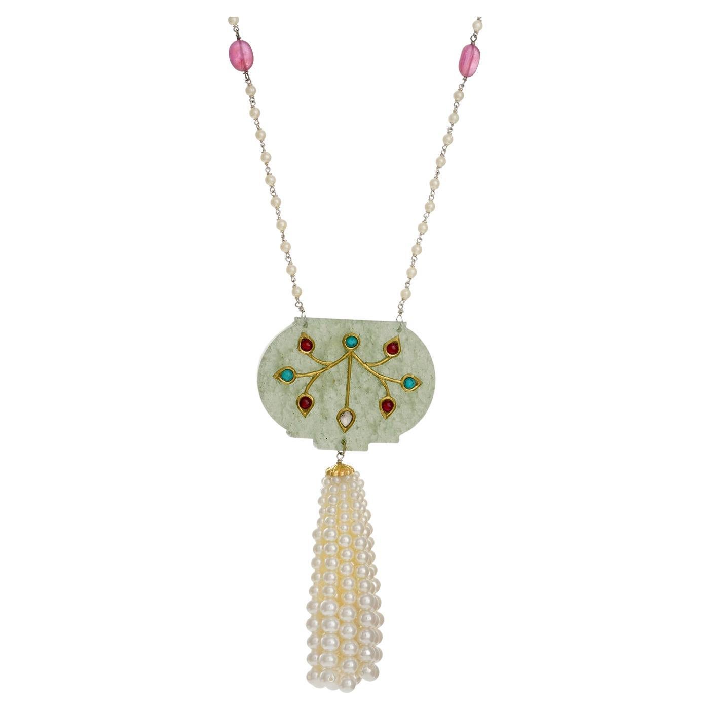 Moi Haldili Pearl Tassel Multi Stone Necklace For Sale at 1stDibs
