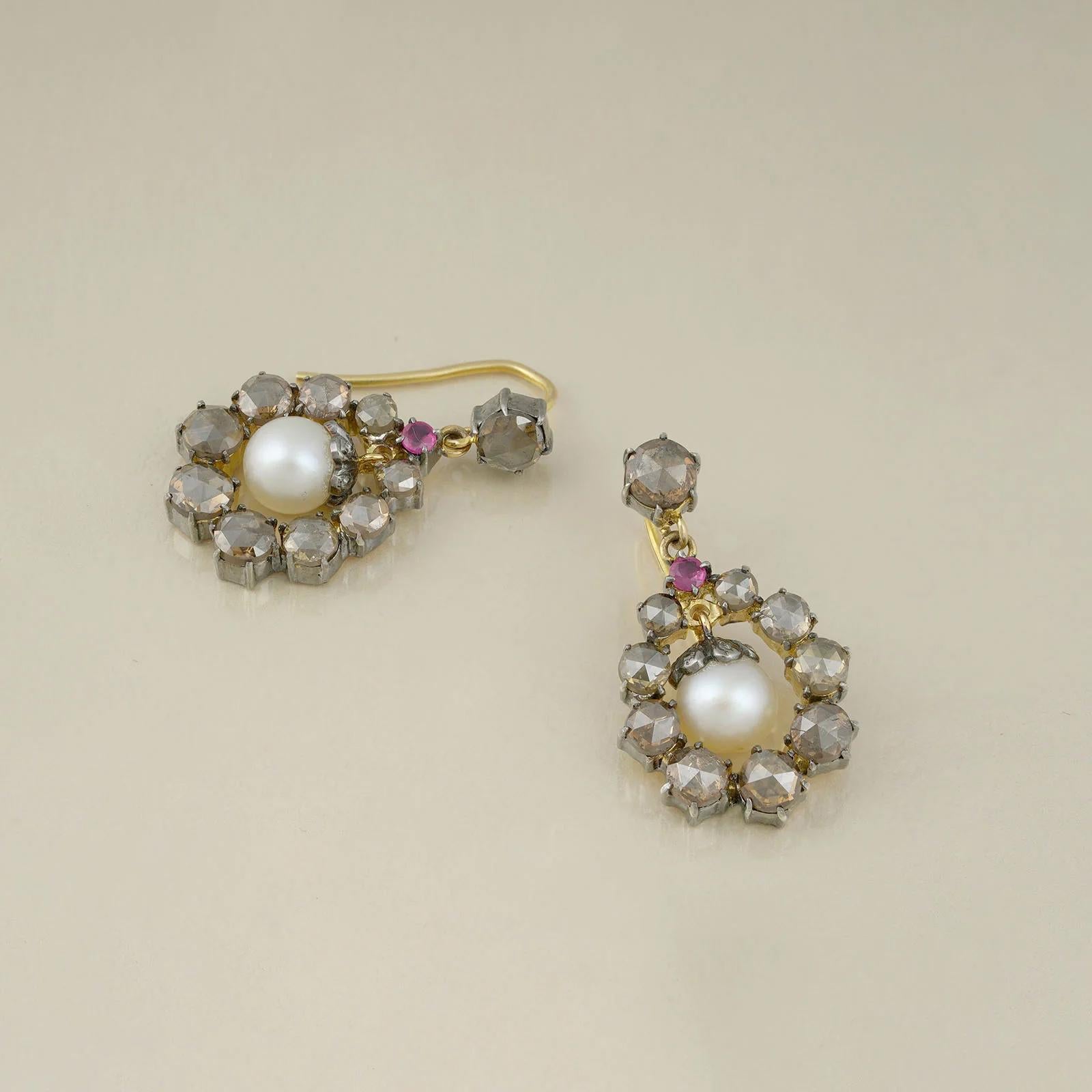 Women's Moi Indra Vintage Gold and Diamond Ruby Earrings For Sale