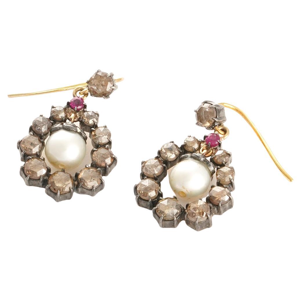 Moi Indra Vintage Gold and Diamond Ruby Earrings For Sale