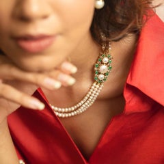 Moi Jackie Gold Champagne Diamond Emerald and Pearl Multilayered Necklace