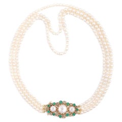 Moi Jackie Gold Champagne Diamond Emerald and Pearl Multilayered Necklace