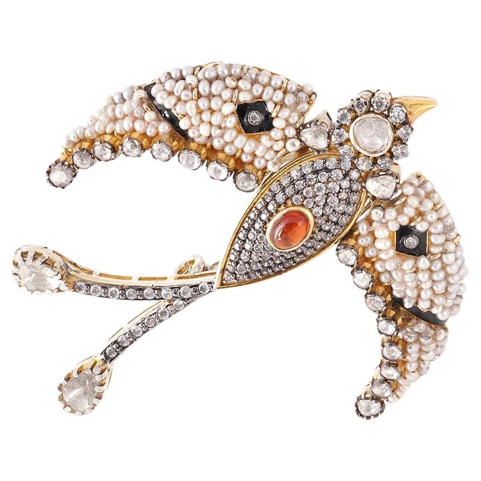 Moi Jonah Gold Dilver Diamond Pearl and Hessonite Brooch and Pendant For Sale